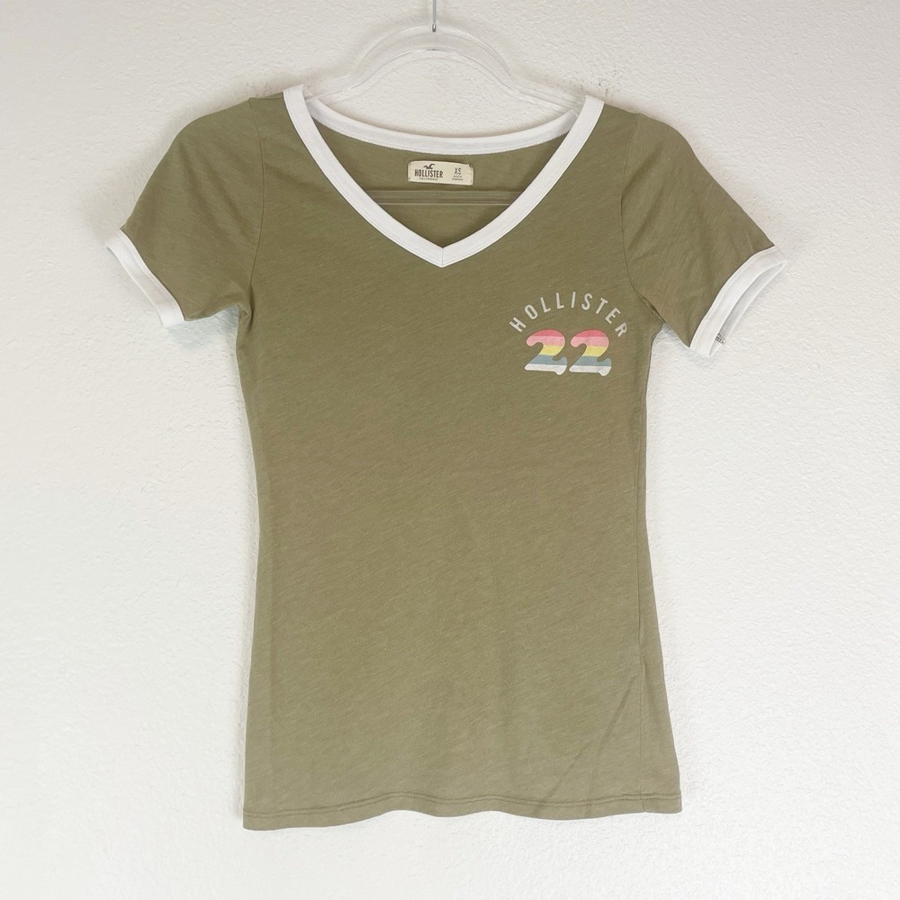 Hollister Womens Olive Green Ringer V-neck Tee Logo Graphic Y2K Preppy Casual XS